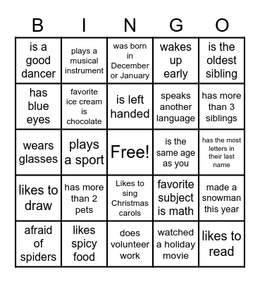 Human Bingo - Winter Bingo Card