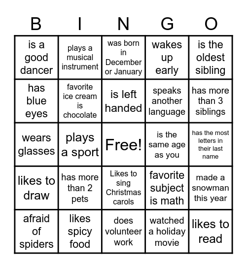 Human Bingo - Winter Bingo Card