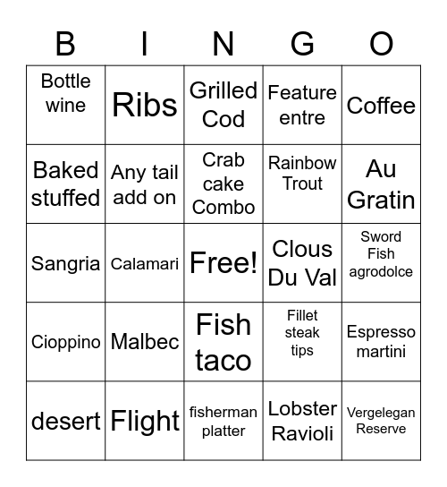 Legal seafoods Bingo Card