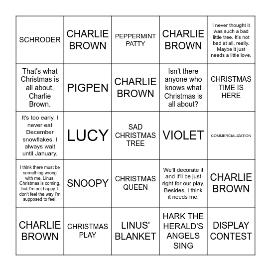 A CHARLIE BROWN CHRISTMAS Bingo Card