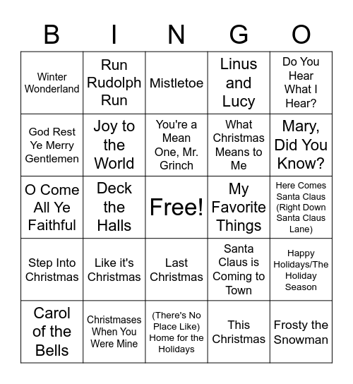 Christmas Songs Bingo Card