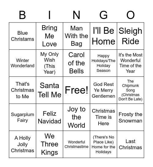 Christmas Songs Bingo Card