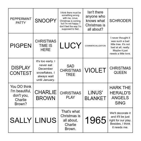 A CHARLIE BROWN CHRISTMAS Bingo Card