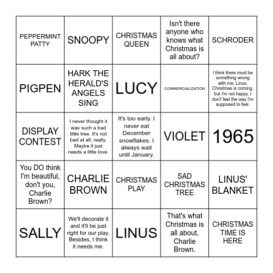 A CHARLIE BROWN CHRISTMAS Bingo Card