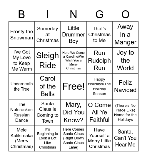 Christmas Songs Bingo Card