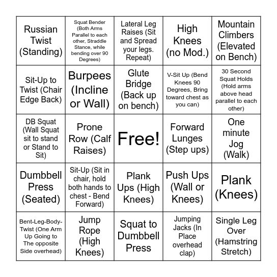 Alternate Ways For Exercising Bingo Card