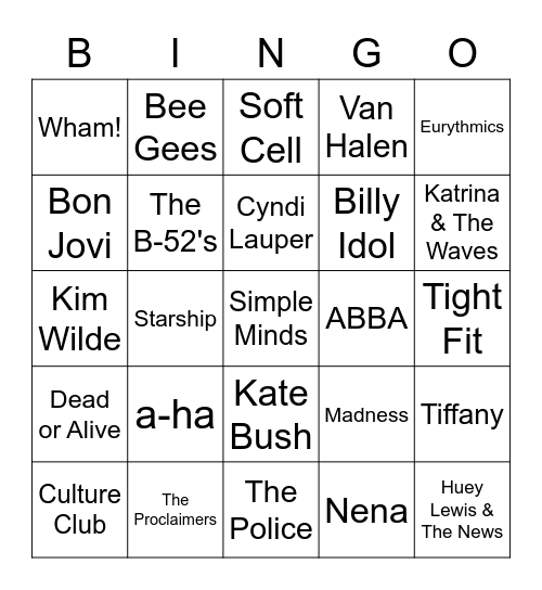 80s Music Bingo Card