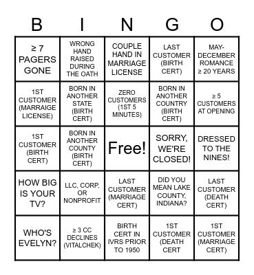 Vital Records Bingo Card