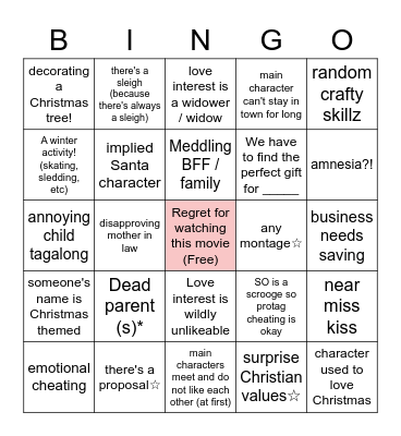 Hallmark / Lifetime Christmas Movie Drinking Bingo Card