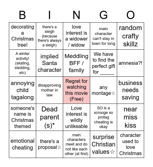 Hallmark / Lifetime Christmas Movie Drinking Bingo Card