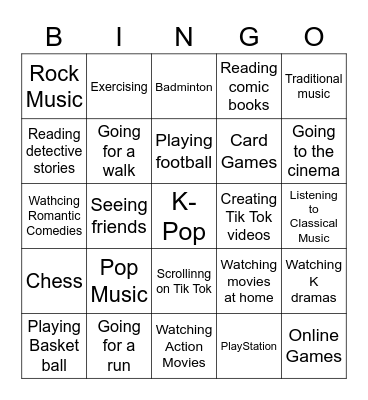 What I do in my free time Bingo Card