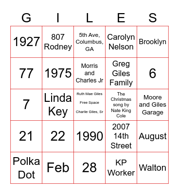 Giles Family Bingo Card