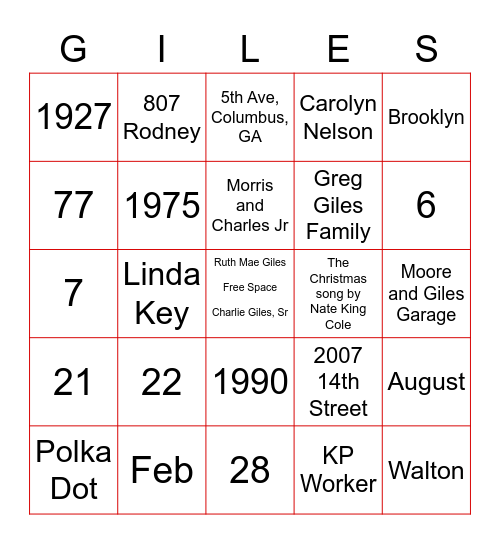 Giles Family Bingo Card