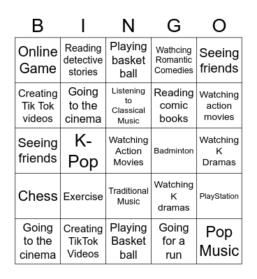 What I do in my free time Bingo Card