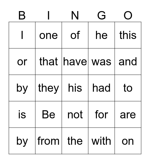 Sight Words Bingo Card