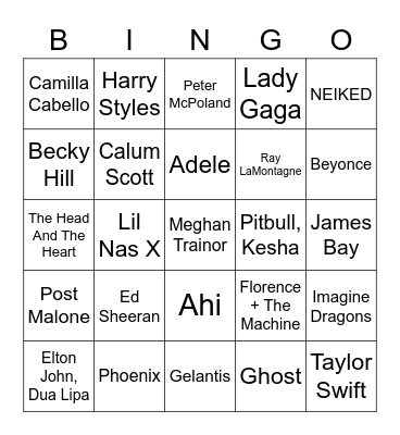 2022 Hits Music Bingo Card
