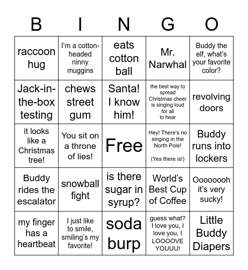 Elf Movie Bingo Card