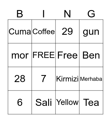 Turkish Bingo Card