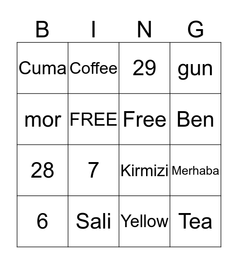 Turkish Bingo Card