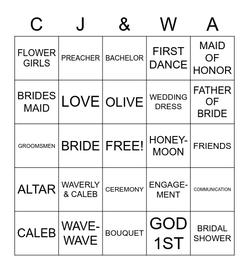 Caleb & Waverly Engagement Party Bingo Card