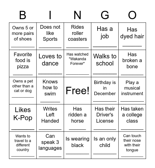 Classroom Bingo Card