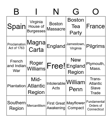 Colonial Era Bingo Card