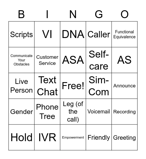 VRS Lingo Bingo Card