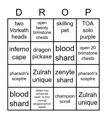 RuneScape Drops Bingo Card