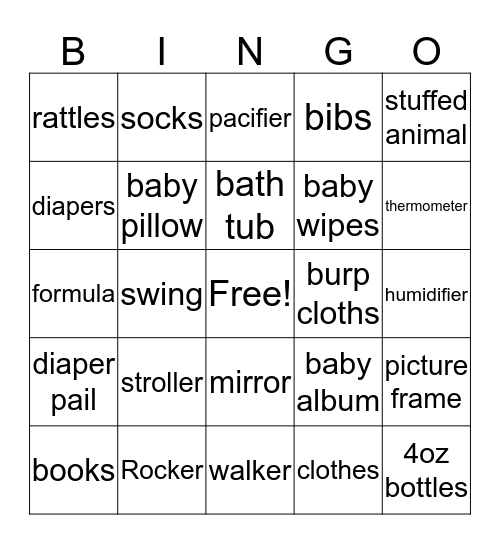 Karrington's Shower Bingo Card