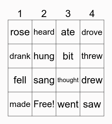 Irregular Verbs Bingo Card