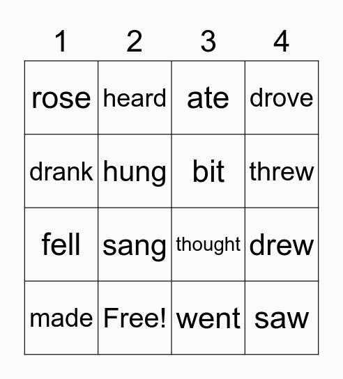 Irregular Verbs Bingo Card