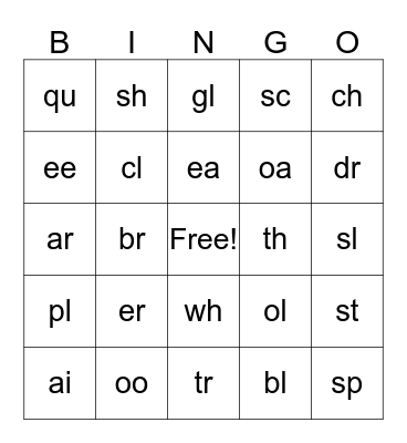 Consonant Blends Bingo Card