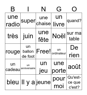Franse woorden van unité 5 - 8 Bingo Card