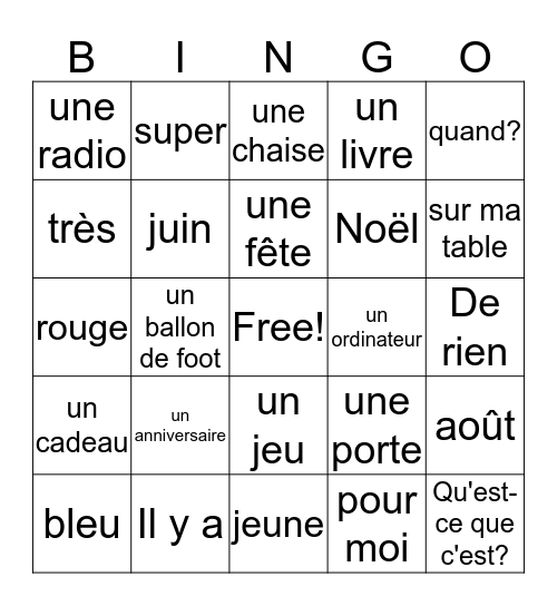 Franse woorden van unité 5 - 8 Bingo Card
