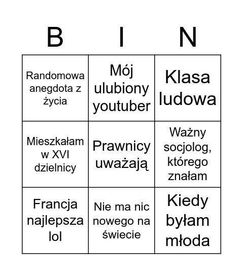 Bingo Jacyno Bingo Card