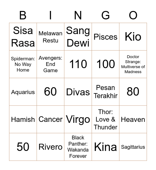 Alarise. Bingo Card