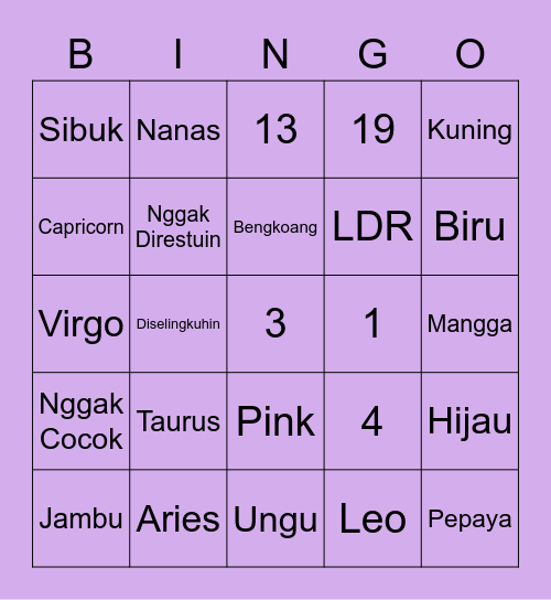 Averyl Bingo Card