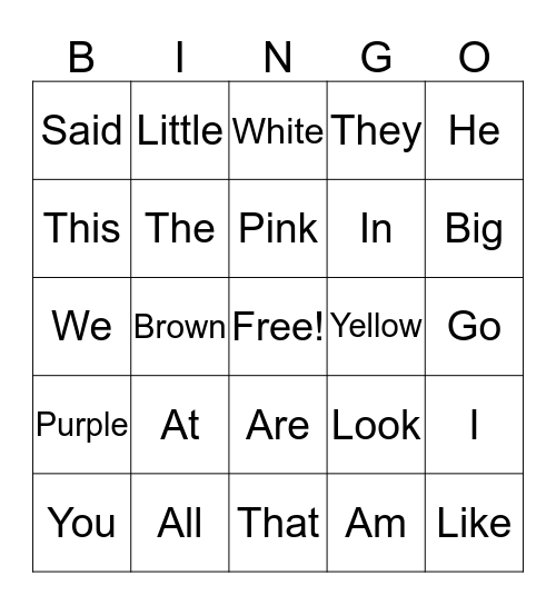 Sight Word Bingo Card