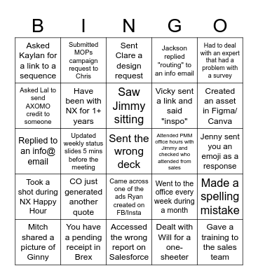 NX Marketing Team BINGO Card