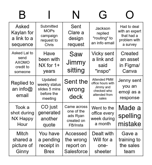 NX Marketing Team BINGO Card