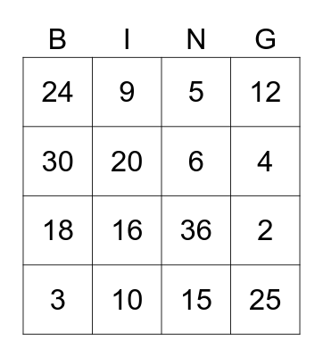 Multiplication Dice Bingo Card