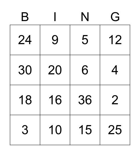 Multiplication Dice Bingo Card