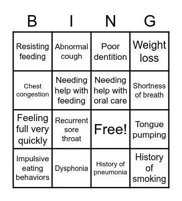 Signs and Symptoms of Aspiration Bingo Card