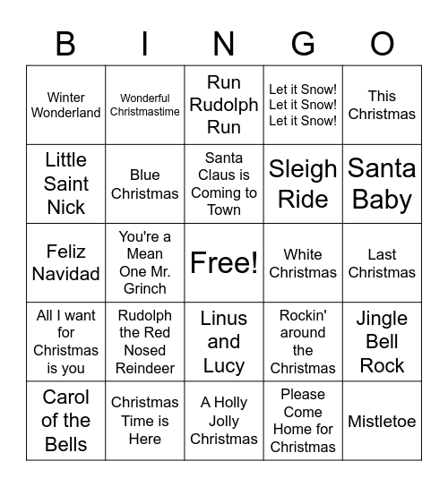 Christmas Songs Bingo Card