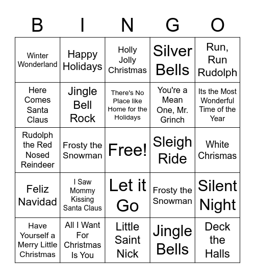 Holiday Songs Bingo Card