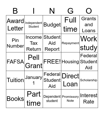 Financial Aid  Bingo Card