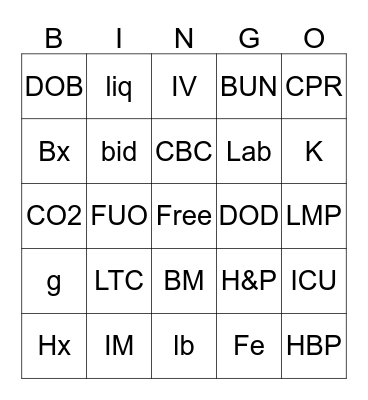 Medical Terminology Bingo Card