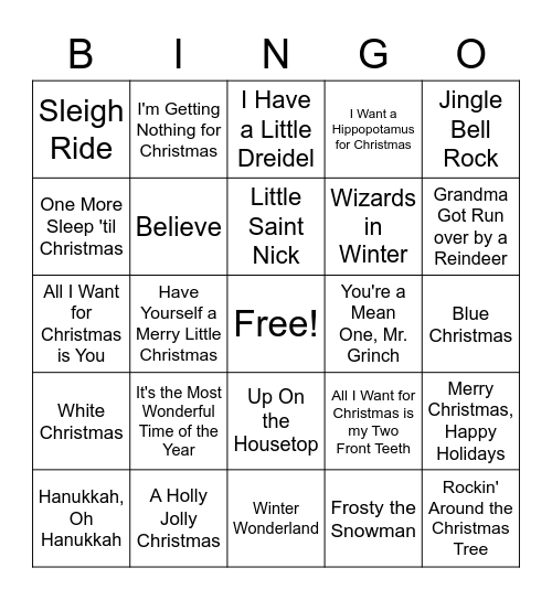 Holiday Song Bingo 44 Bingo Card