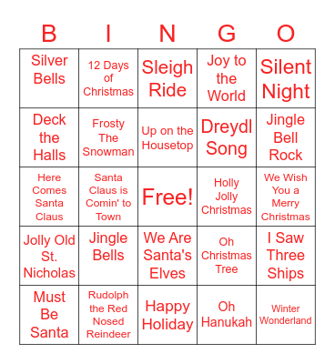 Holiday Song Bingo Card
