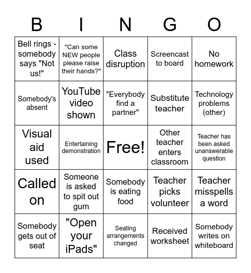 Classroom Bingo Card